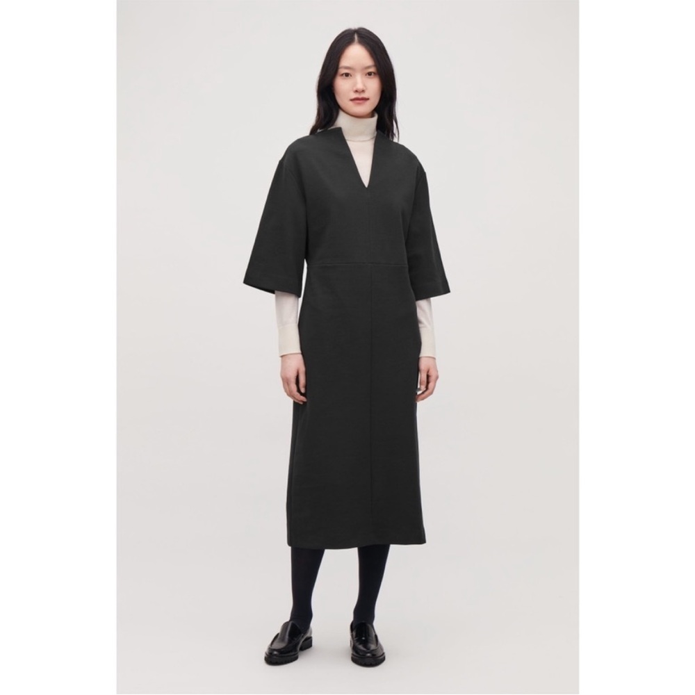 COS Women’s Size Medium Jersey Stretch Structured V-Neck Midi Dress Black